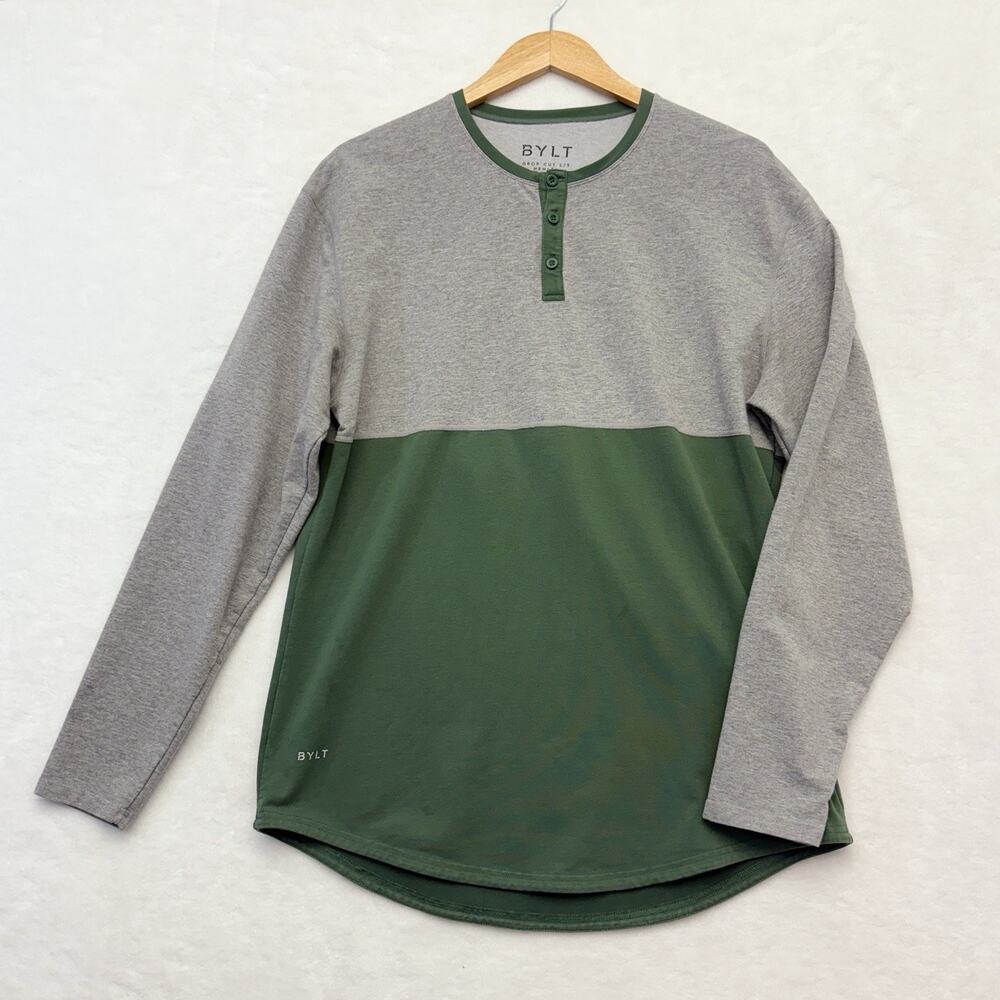 BYLT Henley Drop Cut Colorblock Lux Long Sleeve Gray Green Shirt Men’s Size L